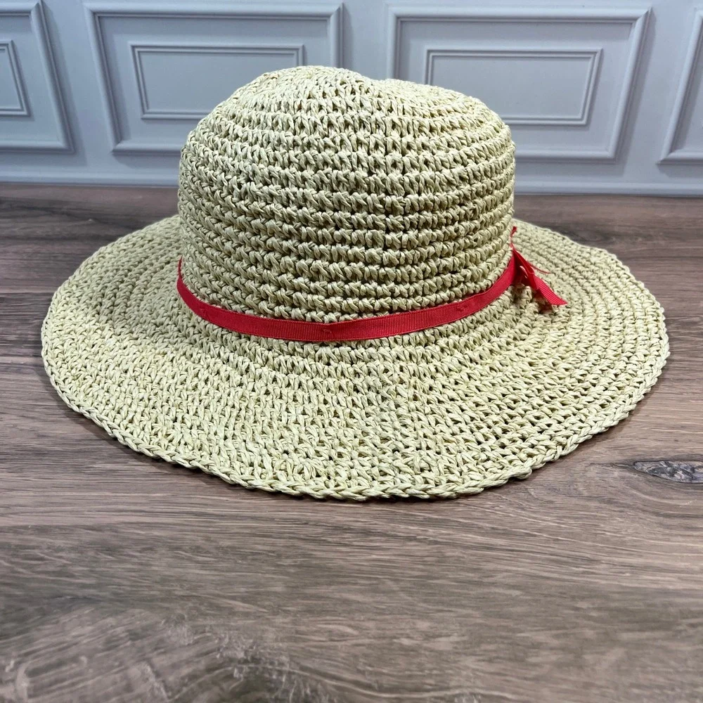 Gymboree Floppy Sun Hat Kids Beige Red Ribbon Bow Woven Straw Wide Brim M